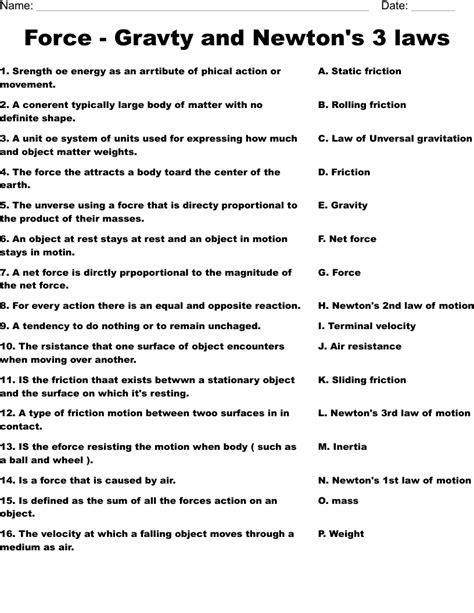 Force - Gravty and Newton's 3 laws Worksheet - WordMint