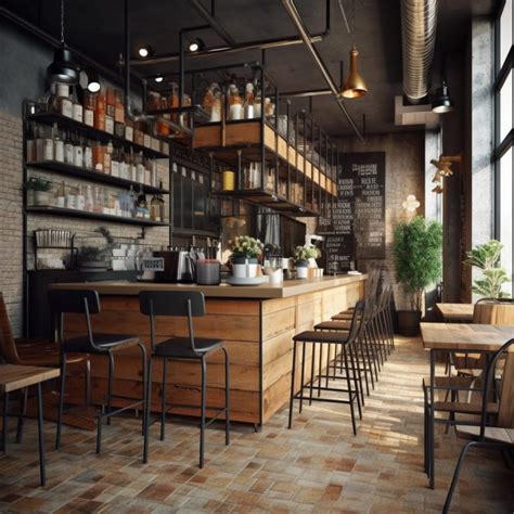 Coffee Shop Industrial Style Interior Design.
