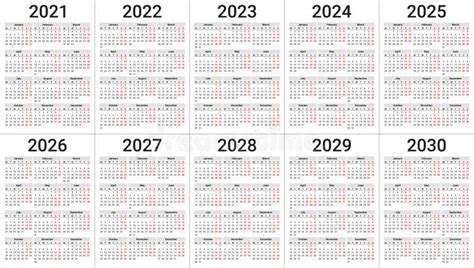 Calendar Templates from 2021 To 2030. Vector Tables 3Ñ…4 Months. Week Starts on Monday. Weekends ...