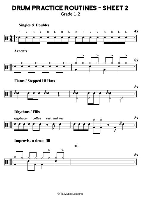 Drum Practice Routines – Sheet 2 – Grade 1-2 | Drums, Learn drums, Drum ...