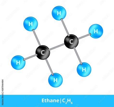 Vector ball-and-stick model of chemical substance. Icon of ethane molecule C2H6 consisting of ...