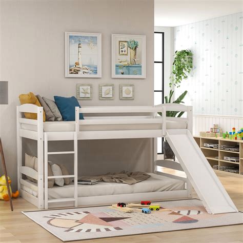 Euroco Twin Over Twin Low Bunk Bed With Slide And Ladder ,White - Walmart.com - Walmart.com