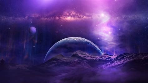 Galaxy Moon Mountain Night Planet Purple Sky Space Stars HD Galaxy ...