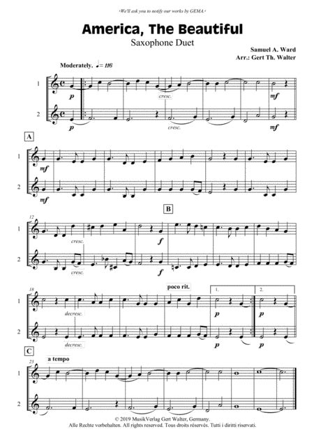 America, The Beautiful Sheet Music | Samuel A. Ward | Instrumental Duet