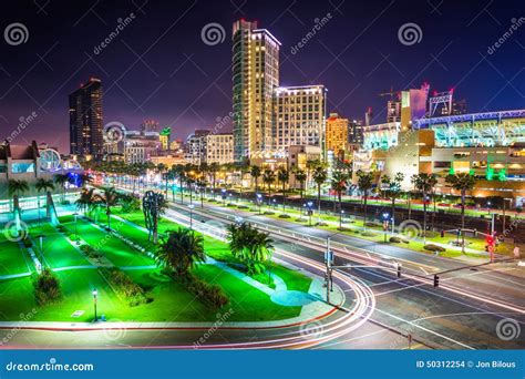 View of Harbor Drive and Skyscrapers at Night, in San Diego, Cal Stock Photo - Image of color ...