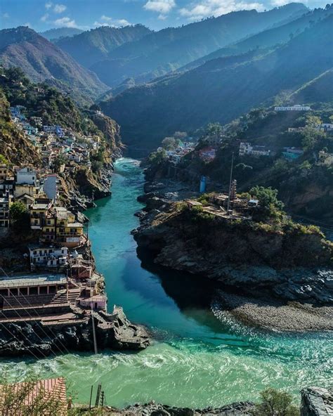 Confluence of Alakananda & Bhagirathi (Lighter Green) at Devprayag ...