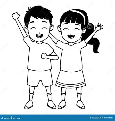 Kids Friends Playing and Smiling Cartoons in Black and White Stock Vector - Illustration of ...