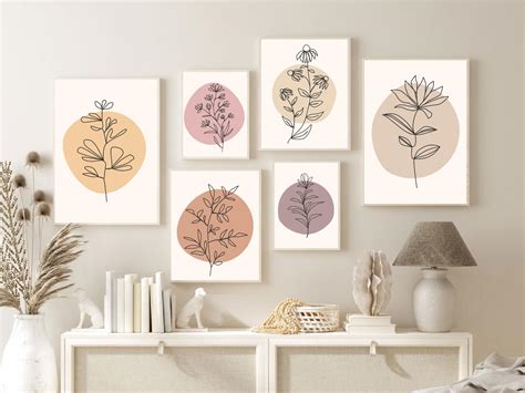 Set of 6 Boho wall art print, line drawing, flowers digital print, download printable art ...