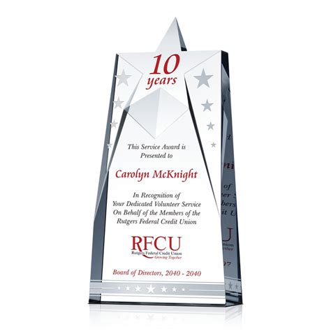 Star Volunteer Service Recognition Plaque - Wording Sample by Crystal Central