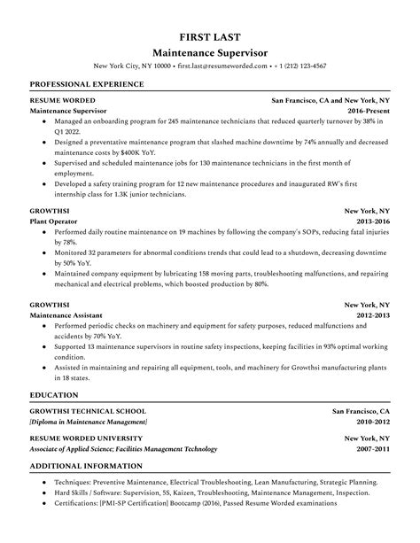 Maintenance Supervisor Resume Examples for 2024 | Resume Worded