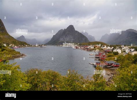 Traditional red rorbuer cabins in the fishing village of Reine, Lofoten Islands, Norway Stock ...