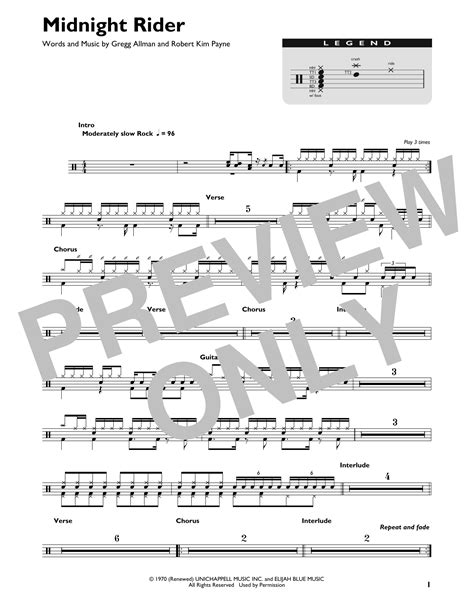 Midnight Rider by The Allman Brothers Band Sheet Music for Drum Chart at Sheet Music Direct