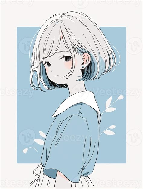 anime girl with short hair and blue dress with white collar. generative ...