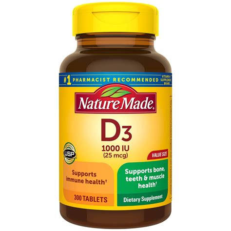 Nature Made Vitamin D3 1000 IU (25mcg) Tablets, 300 Count for Bone Health† (Packaging May Vary ...