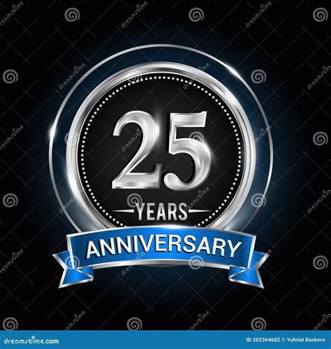 25th Birthday Logo with Silver Ring and Blue Ribbon, Vector Design ...