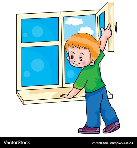 Boy opens a window and ventilates room Royalty Free Vector