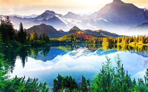 Beautiful nature landscape, mountains, trees, lake, sky, clouds, water reflection wallpaper ...