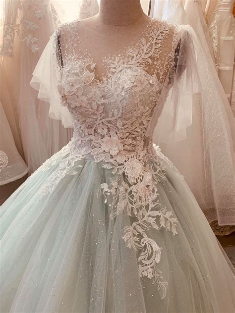 Various styles - Pastel mint green floral lace ball gown wedding dress with court train or ...