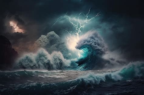 Premium AI Image | Massive storm brewing in the ocean with towering waves and lightning