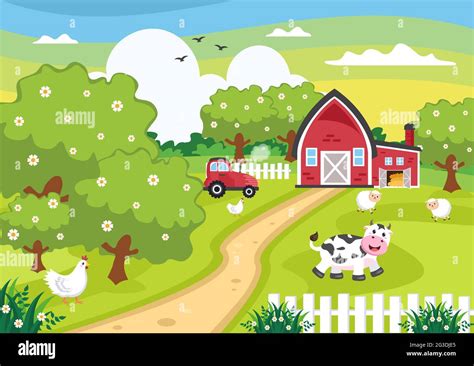 Cute Cartoon Farm Animals Vector Illustration With Cow, Horse, Chicken ...