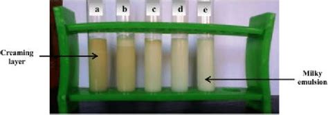 (a-e): Photography of the prepared emulsions with different HLB TS... | Download Scientific Diagram