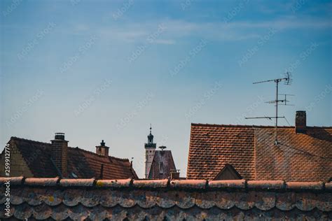 Tower of the Town Hall (Rathaus) above the rooftops of Rothenburg ob ...