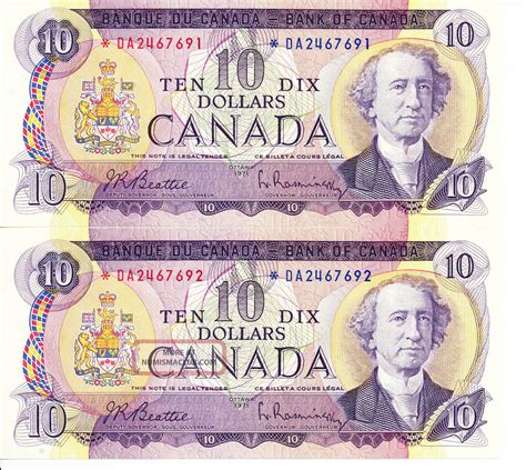 2 X 1971 Canadian Paper Money $10 Dollar Bills Replacement Note Unc In Seq