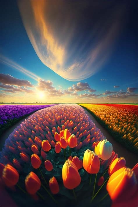 field of tulips with a sunset in the background. generative ai ...