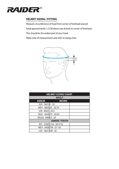 Helmet Sizing Chart printable pdf download