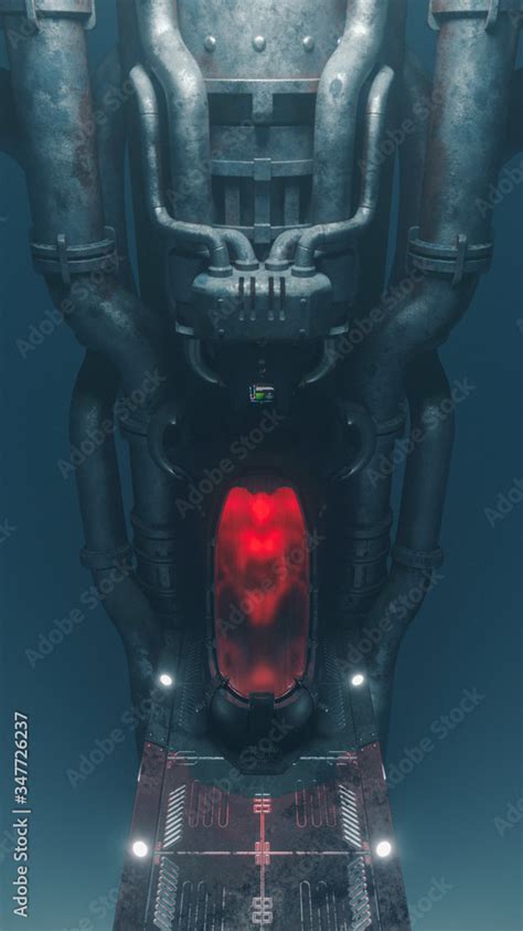 Cryogenic hibernation capsule with human body inside illuminated with red light. Science fiction ...