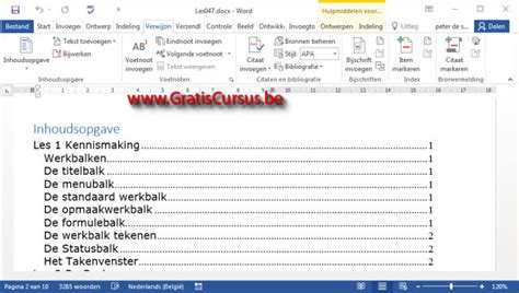 gratis cursus Word 2016 - Inhoudsopgave (1)