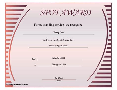 Spot Award Certificate Printable Certificate