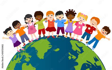 Earth globe with group of multiethnic and diverse children standing ...