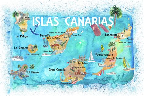 Canary Islands Illustrated Travel Map with Tenerife, Gran Canary, Lanzarote, Fuerteventura La ...