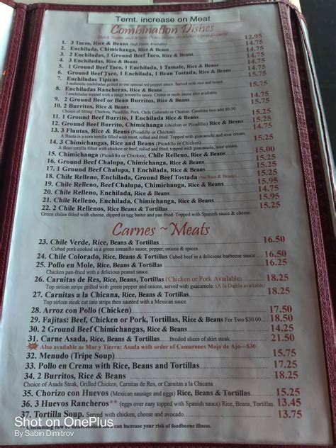 Menu at Viva Mexico restaurant, Seattle