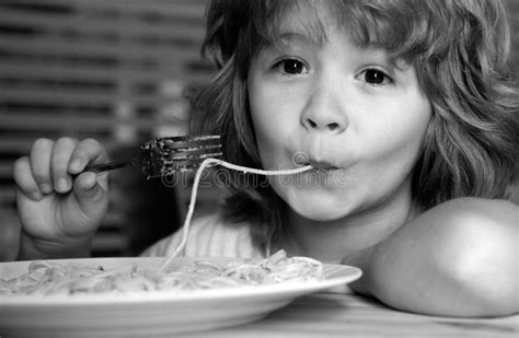 Kids Eating Pasta, Spaghetti, Close Up Cute Funny Child. Stock Image - Image of italian ...