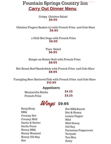 Menu at Fountain Springs Country Inn, Ashland, 52 Country Club Rd