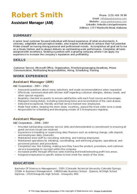 Assistant Manager Skills Resume - everytinkisbeautiful