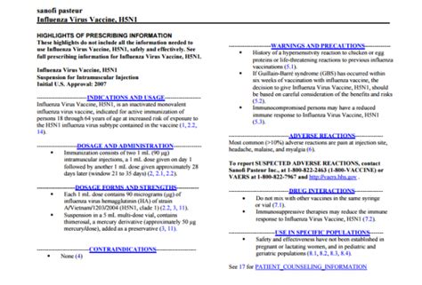 Influenza Virus Vaccine, H5N1: patient information, prescribing information, ingredients ...