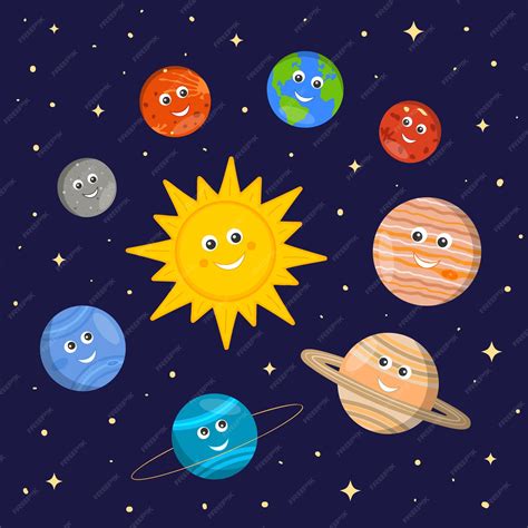 Premium Vector | Solar system for kids Cute sun and planets characters in cartoon style on dark ...