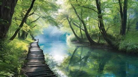 Premium Photo | Beautiful landscape of green forest with wooden bridge over the river