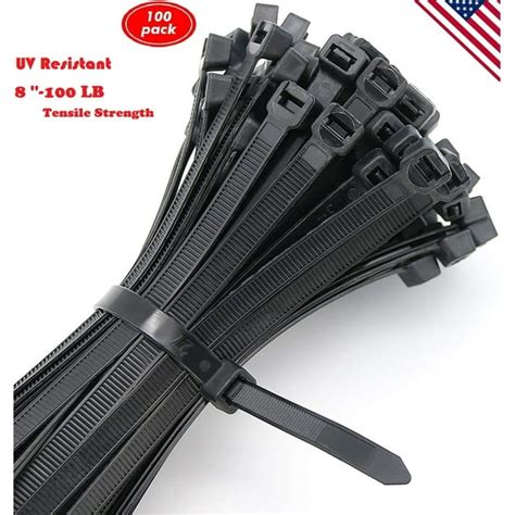 Pack of 100 8 Inch Black Cable Zip Ties. Heavy Duty Wire Ties with 100 LB Tensile Strength ...