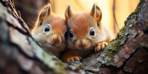 Premium AI Image | Two funny little squirrels in the autumn forest look ...