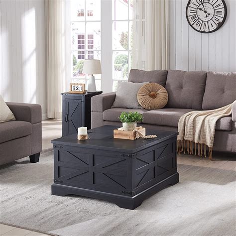 T4TREAM Farmhouse Wood Square Lift-Top Coffee Table with Storage for Living Room, Black ...