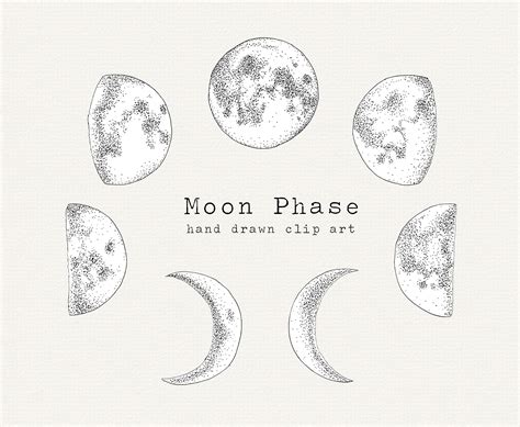 six phases of the moon in black and white with text that reads,'moon phase hand drawn clay art