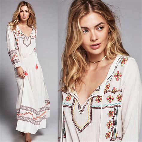 boho dress 2017 Women Bohemian Long Dress Summer Long Sleeves V Neck Embroidery Flowe Cotton ...