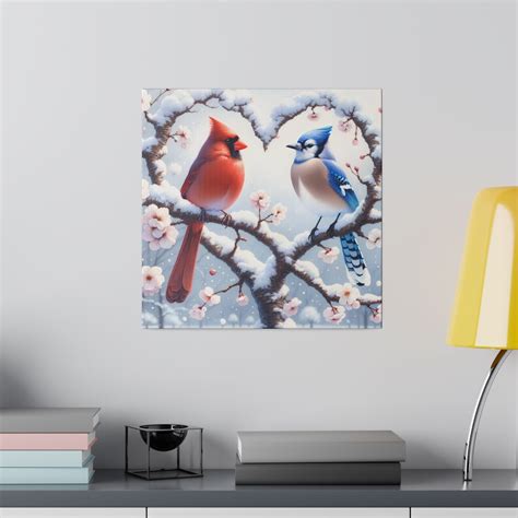 Cardinal & Blue Jay Winter Canvas Print Heart-shaped Cherry Blossom ...