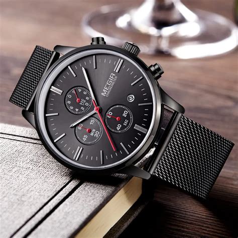 MEGIR men's quartz watches stainless steel mesh band black watch ...