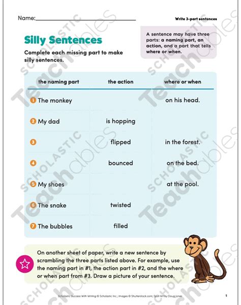 Silly Sentences (Write 3-part sentences) | Printable Skills Sheets ...