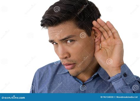 Close Up Portrait of Businessman Cupping Ears Stock Photo - Image of hands, people: 96134030